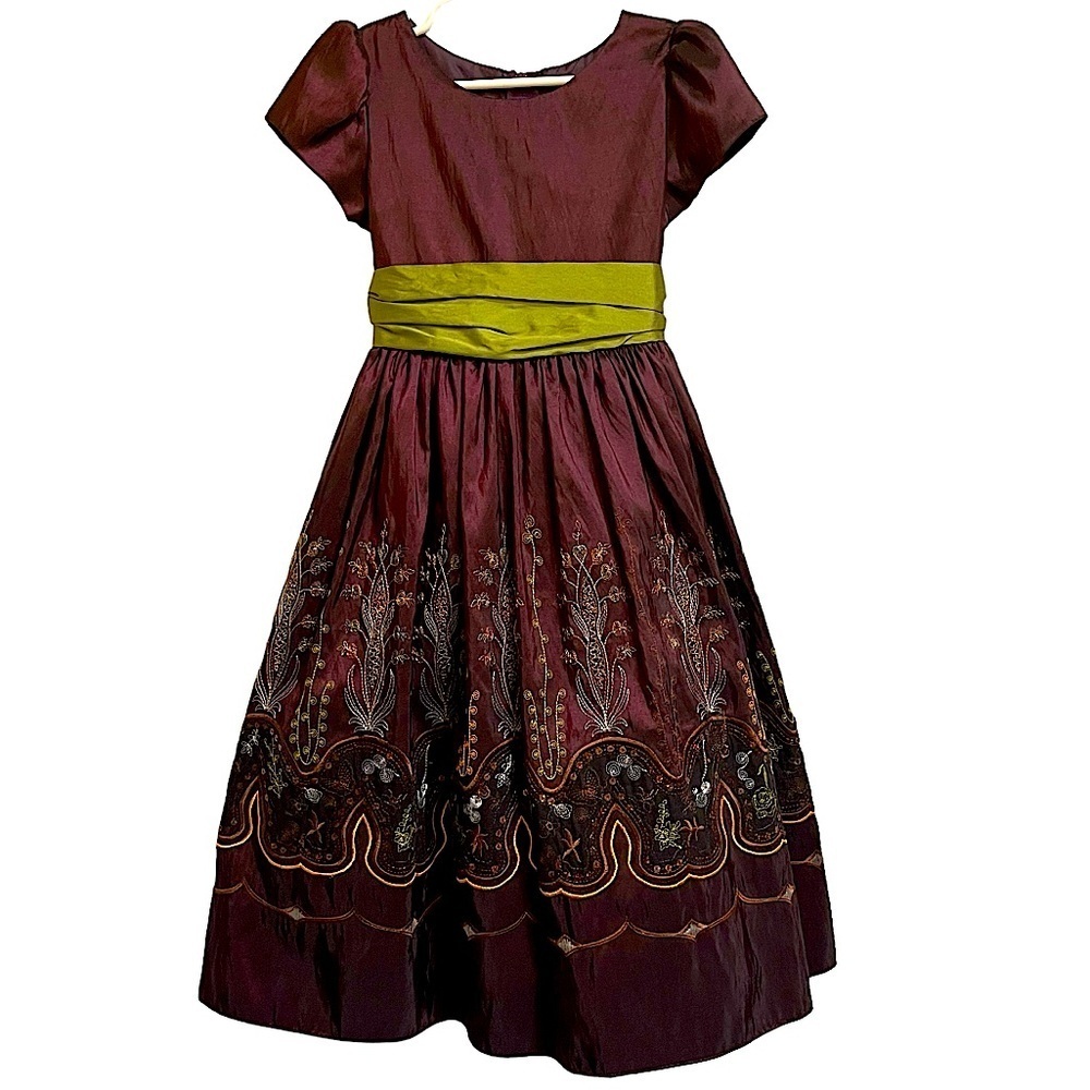Sweet Kids Burgundy Embroidered Taffeta Midi Dress Size 6